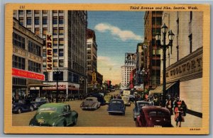 Postcard Seattle WA c1940s Third Avenue & Pike Street View 76 Gasoline Woolworth