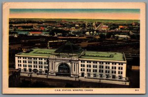 Postcard Winnipeg Manitoba c1930s C.N.R. Railroad Station Birds Eye View