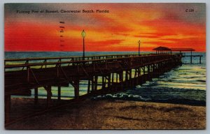 Postcard Clearwater Beach Florida c1953 Fishing Pier At Sunset Scenic