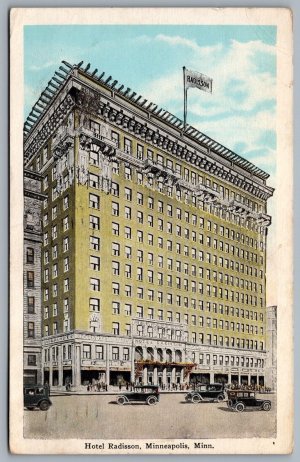 Postcard Minneapolis MN c1932 Hotel Radisson Old Cars Demolished 1982