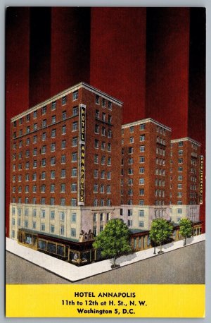 Postcard Washington DC c1940s Hotel Annapolis 11th to 12th St. at H. St Advert