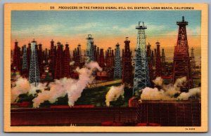 Postcard Long Beach CA Producers in the Famous Signal Hill Oil District Linen