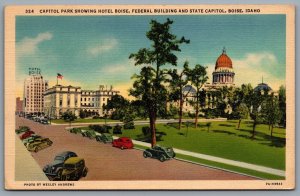 Postcard Boise ID c1937 Capitol Park Showing Hotel Boise Federal Building State