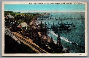 Postcard Summerland CA c1920s Oil Wells in the Sea Coast Highway Train Tracks