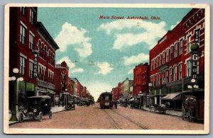 Postcard Ashtabula OH c1920s Main Street View Trolly Old Cars The Warren