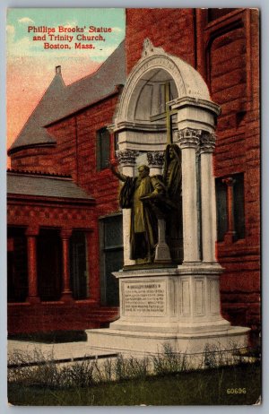 Postcard Boston MA c1914 Philipps Brooks Statue & Trinity Church