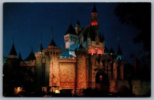 Postcard Anaheim CA c1955 Disneyland Sleeping Beauty Castle at Night Fantasyland