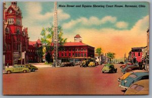 Postcard Ravenna OH c1940s Main St & Square Showing Court House Hotel Ravenna