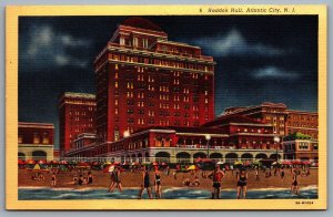 Postcard Atlantic City NJ c1931 Haddon Hall at Night Beach Scene Swimmers Linen