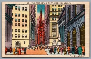 Postcard New York City NY c1943 Wall Street Showing Trinity Church Underhill
