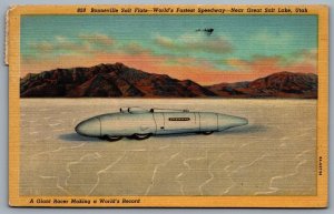Postcard Tooele County UT c1940s Bonneville Salt Flats Worlds Fastest Speedway