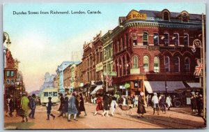 Postcard London Ontario c1930s Dundas Street from Richmond Trolly Shops Signs