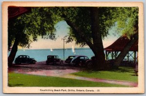 Postcard Orillia Ontario c1944 Couchiching Beach Park Old Cars Simcoe County