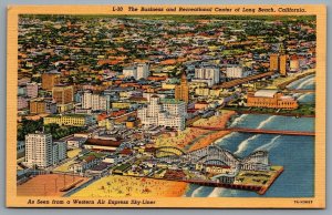 Postcard Long Beach CA c1937 Business Center Wester Air Express Sky Liner Aerial