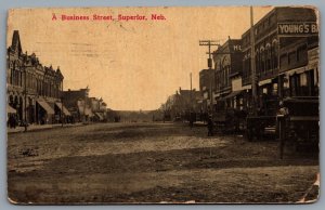 Postcard Superior NE c1913 A Business Street Shops Carriages CDS Duplex Cancel
