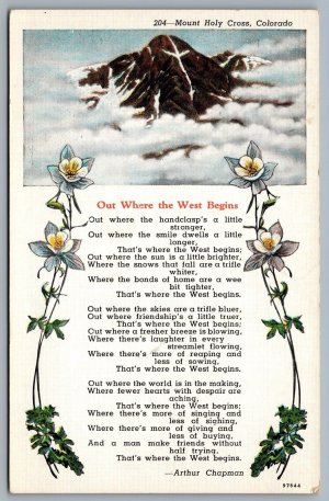 Postcard Mount Holy Cross CO c1930s Poem Arhur Chapman Out Where The West Begins