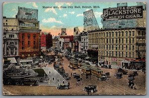 Postcard Detroit MI c1921 Monroe Ave From City Hall Adverts Split Ring Moffat ON