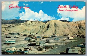Postcard Death Valley CA c1950s Greetings From Texas Campground Campers Old Cars
