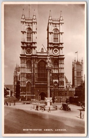 Postcard RPPC c1920s London England Westminster Abbey Old Taxis Western Facade