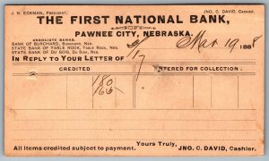 Postcard Pawnee City NE c1888 First National Bank Credit Note Burchard UX9 1c