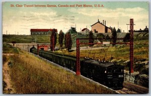 Postcard Sarnia Ontario c1915 St. Clair Tunnel Port Huron USA Train Passing