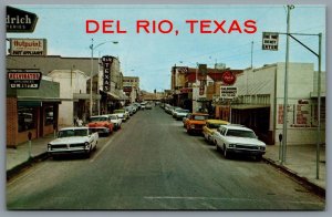 Postcard Del Rio TX c1970 Street View Coca Cola Kelvinator Calderon Old Cars