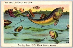 Postcard c1947 Greetings From Perth Road Ontario Frontenac County Fishing