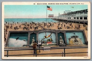 Postcard Atlantic City NJ c1910 Beach Scene Showing Sand Sculpture Texaco Pier 