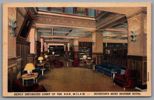Postcard Houston TX c1938 Ben Milam Hotel Interior Decorated Lobby View Linen