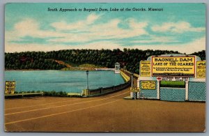 Postcard Lake of the Ozarks MO c1945 South Approach to Bagnell Dam Sign Advert