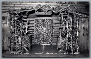 Postcard RPPC c1950s Cross Village MI Legs Inn View Of Tree Limbs Art Carvings