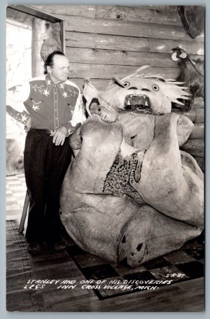 Postcard RPPC c1950s Cross Village MI Legs Inn Stanley & One Of His Discoveries