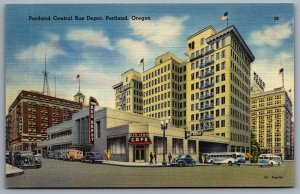Postcard Portland OR c1940s Central Bus Depot YMCA YWCA Meier & Frank Old Cars