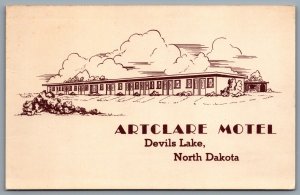 Postcard Devils Lake ND c1950s Artclare Motel Ramsey County Highway 2
