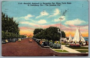 Postcard St Petersbug FL c1947 Recreation Pier Yacht Basin Boats Old Cars