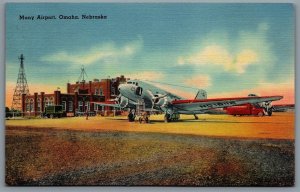 Postcard Omaha NE c1940 Muny Airport Mainliner DC3 Plane OM & Ogden RPO Cancel