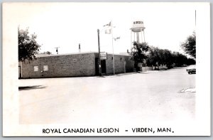 Postcard RPPC c1940s Virden Manitoba Royal Canadian Legion Water Tower Old Cars