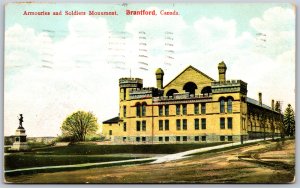 Postcard Brantford Ontario c1907 Armouries and Soldiers Monument Brant County