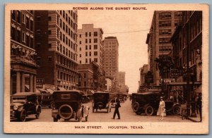 Postcard Houston TX c1923 Scenes Along The Sunset Route Main St Cars Shops Signs