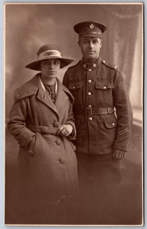 RPPC c1910s Studio Photo Couple Canadian Soldier 18th London Ontario Bn. WW1 CEF