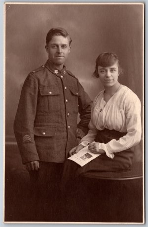 RPPC c1910s Studio Photo of Couple Canadian Soldier Pretty Lady by Van Ralty