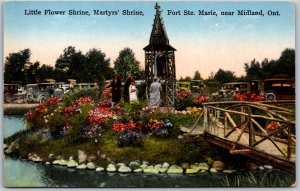 Postcard Midland Ontario Martyrs Shrine Flowers Old Cars Fort Ste. Marie