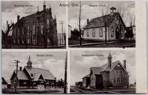 Postcard Acton Ontario c1910 Methodist English Baptist Presb Church's Multi View