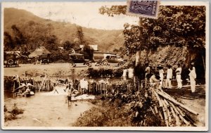 Postcard RPPC Philippines c1928 Cars Laundry Bathing Stamp Manila to Vancouver