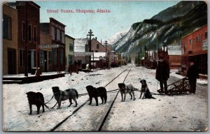 Postcard Skagway Alaska c1909 Street Scene Dog Sleigh Stores Rainier Hotel