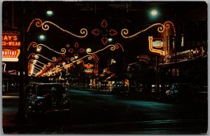 Postcard Owen Sound Ontario c1962 Night Scene of Main Street Neon Lights Cars