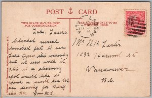 Postcard Split Ring Duplex Cancel 1910 Laggan Alberta to Vancouver BC Lake Agnes