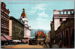 Postcard Vancouver British Columbia c1910s Looking down Granville St. Trolley's