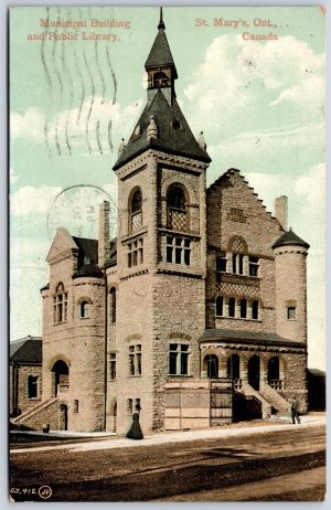 Postcard St. Mary’s Ontario 1909 Municipal Building and Public Library Perth Co.