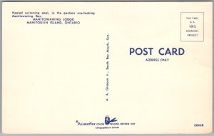 Postcard Manitowaning Ontario Lodge Heated Pool Manitoulin Island (back)
